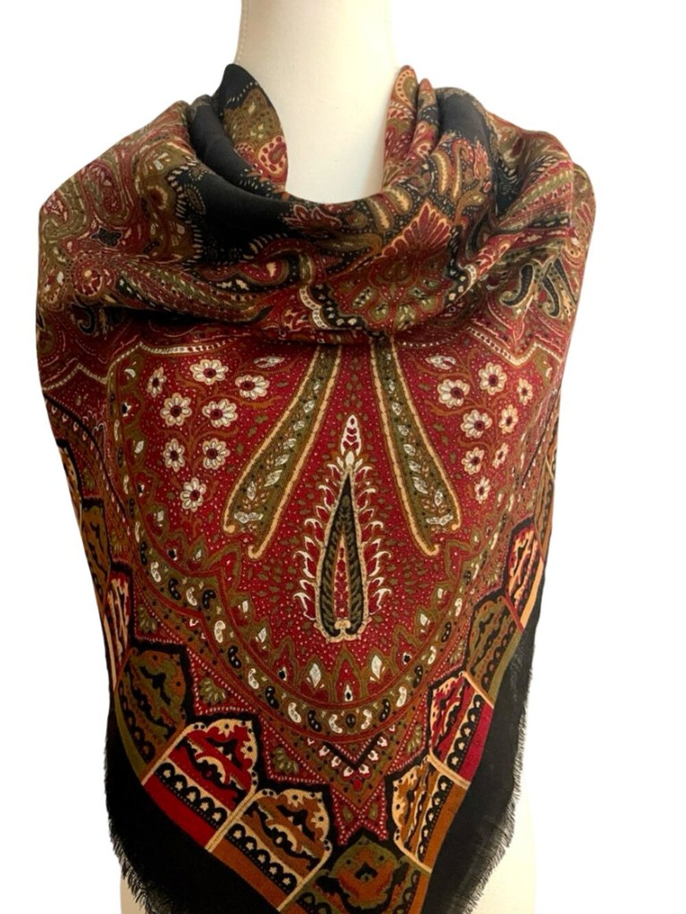 Italian 100% Wool Paisley Square Scarf Black Burgundy Olive 53 x 53